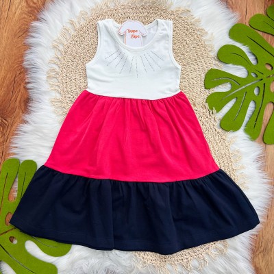 Vestido Três Marias com Brilhos - Off White, Pink e Marinho